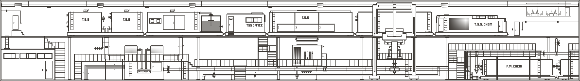 Long base level: T.S.S. tanks and the T.S.S. office on the upper deck, a central gantry, and the F.M. chem tank in the lower hall.