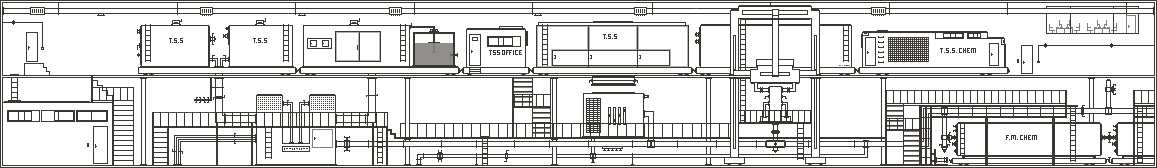 Long base level: T.S.S. tanks and the T.S.S. office on the upper deck, a central gantry, and the F.M. chem tank in the lower hall.