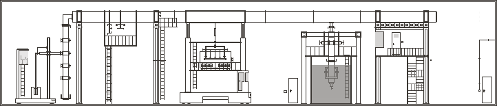 Machine hall: a distillation column, a press frame, a flooded test pit under a gantry and a two-storey stair tower.