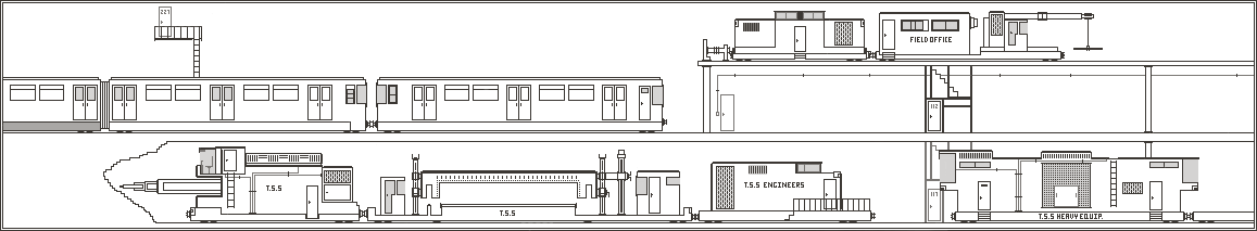 Tunnel: a stopped train, a raised platform with a locomotive, the field office and a crane car, and below them the T.S.S. boring machine cutting into rock with its trailing cars and heavy equipment car.